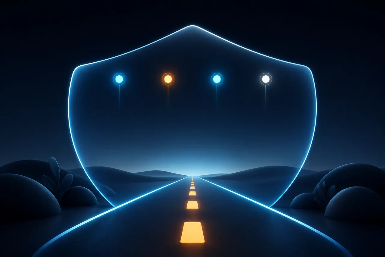 光る道路を透明なシールドが包む安全設計の抽象イラスト